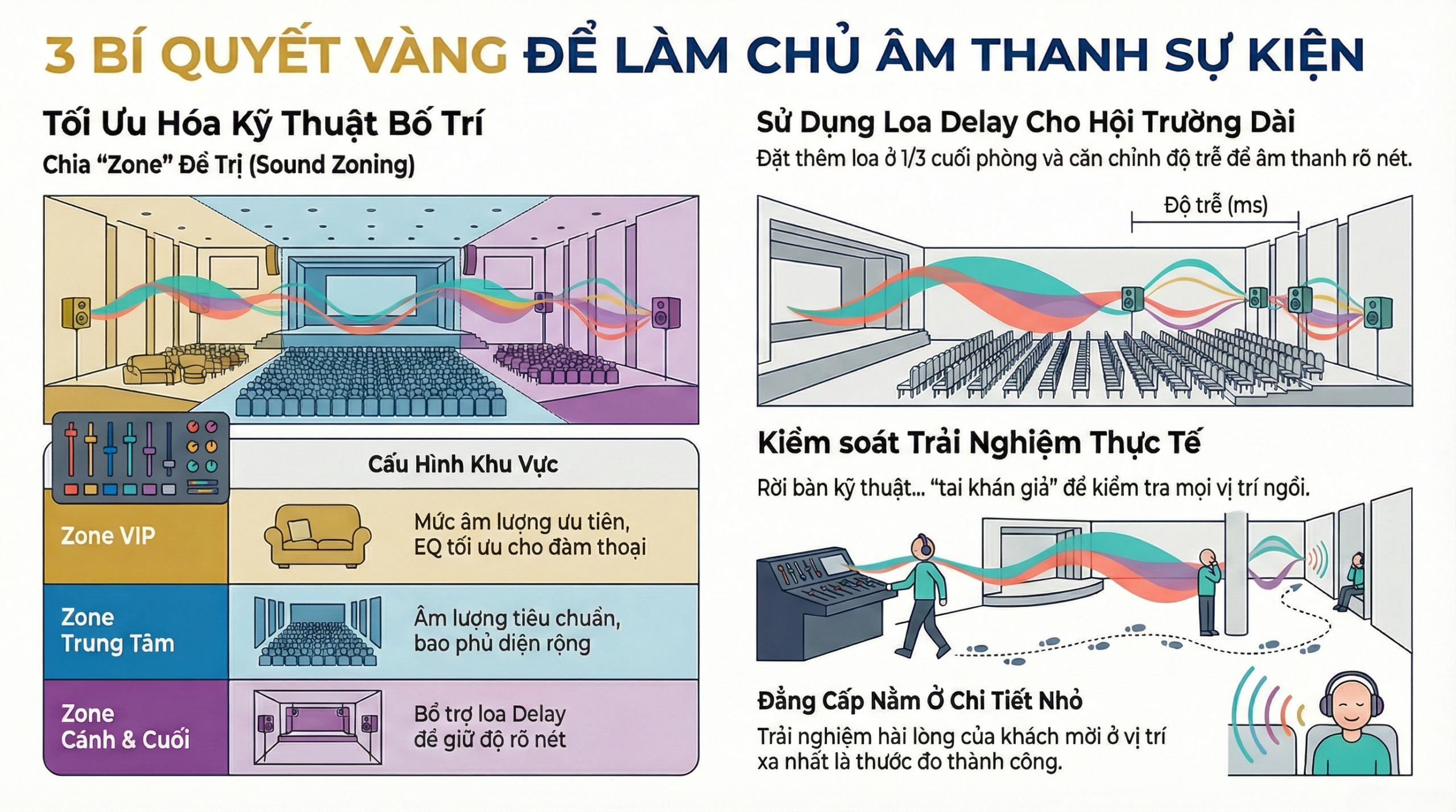 Bố trí loa delay cho không gian sự kiện dài giúp âm thanh phủ đều