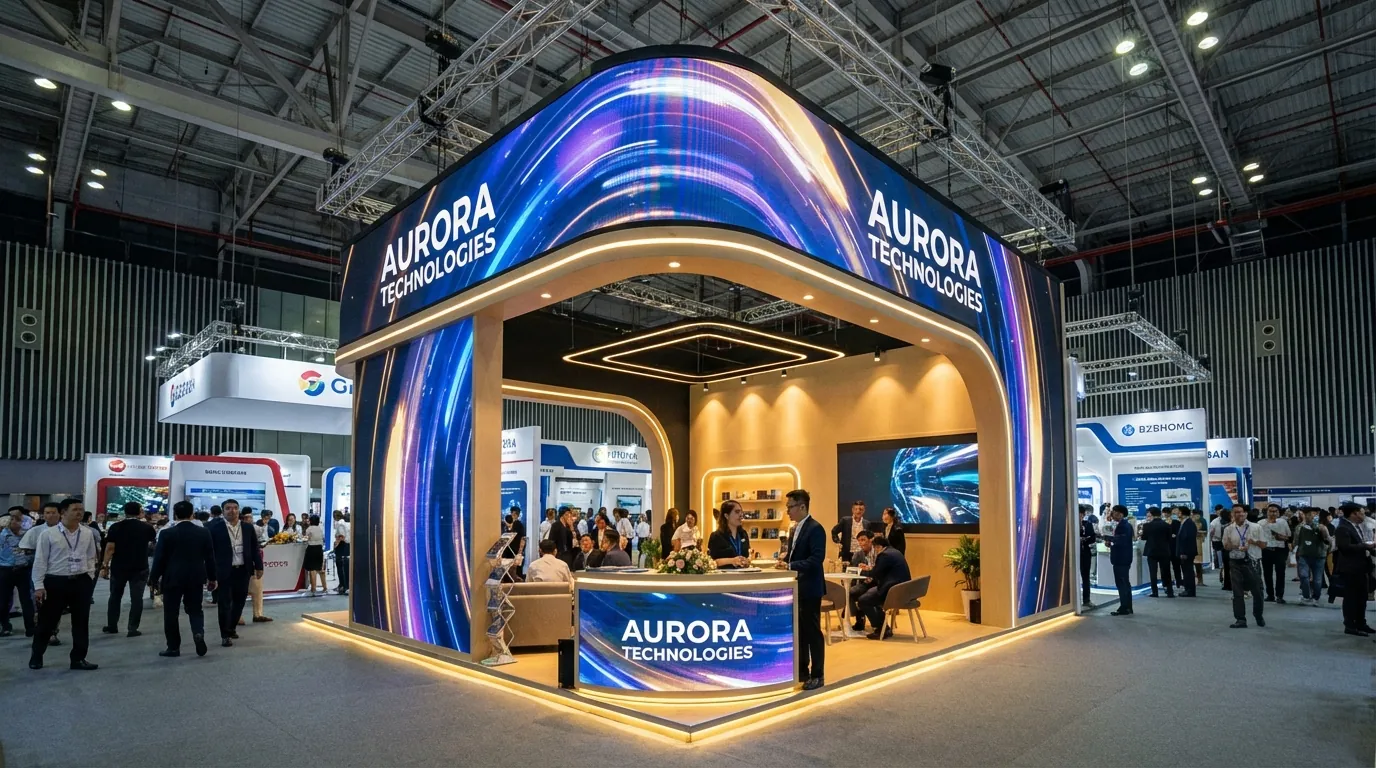 Toàn cảnh không gian bên trong triển lãm tại SECC với hàng trăm gian hàng hoạt động cùng lúc, minh họa cho sự cạnh tranh về âm thanh và hình ảnh.