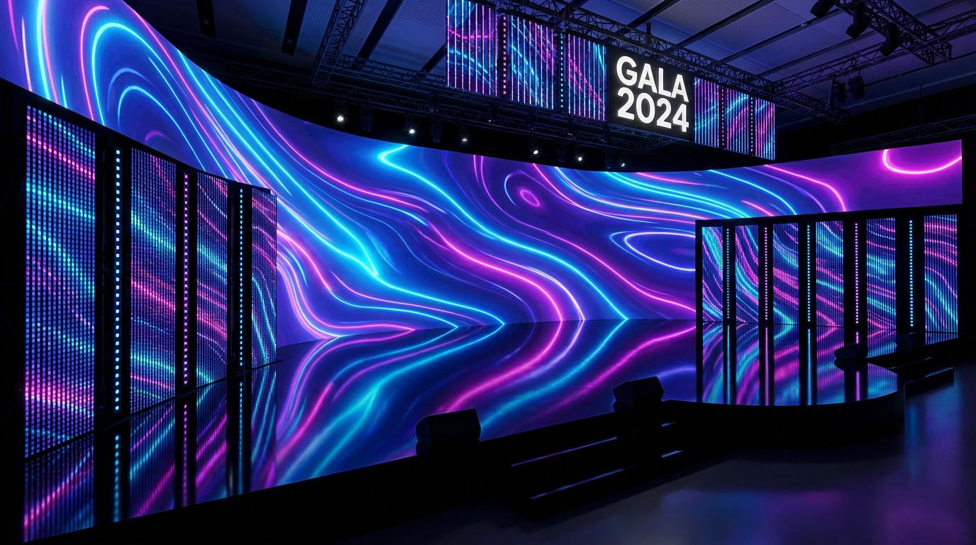 Các bố cục set-up màn hình LED phổ biến cho sự kiện Year End Party: Màn hình cong Panorama sang trọng.