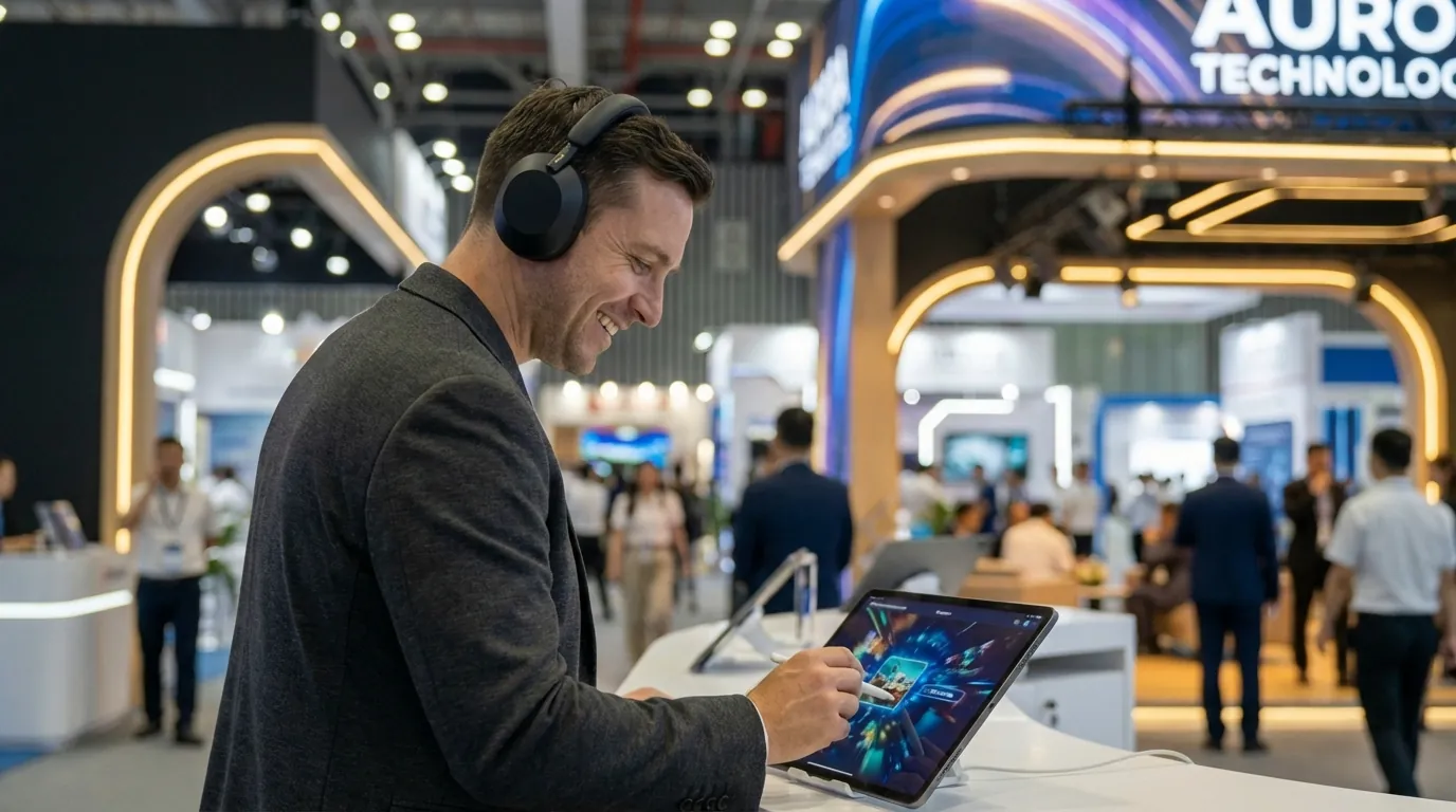 Khách tham quan đang đeo tai nghe chuyên dụng để trải nghiệm nội dung video tại quầy demo sản phẩm, không bị ảnh hưởng bởi tiếng ồn xung quanh.